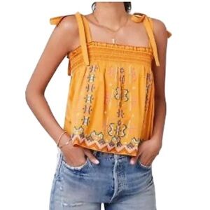 Anthropologie smocked embroidered boho tie shoulder top small